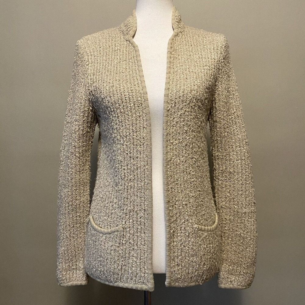 Vintage SIDE EFFECTS Tan Fitted Mid Length Nubby Knit Cardigan Small 80’s Preppy